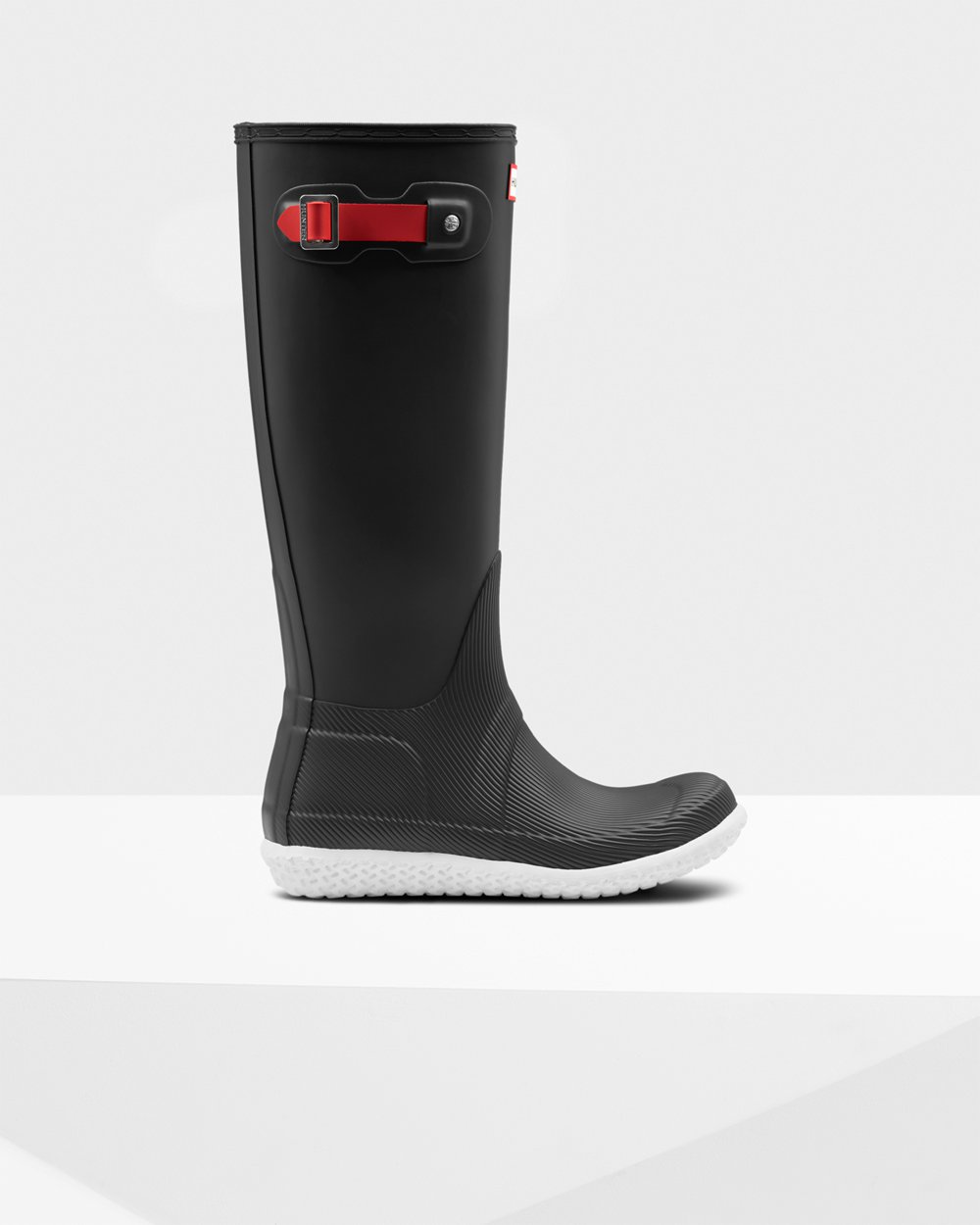 Womens Tall Rain Boots - Hunter Original Flat Heel Calendar Sole (51LBFORTY) - Black/Red